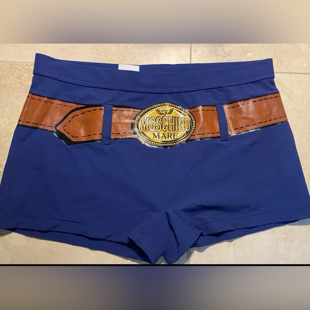 MOSCHINO MARE blue, belt loop logo buckle Beach Boy stretch swim trunk IT48 US30